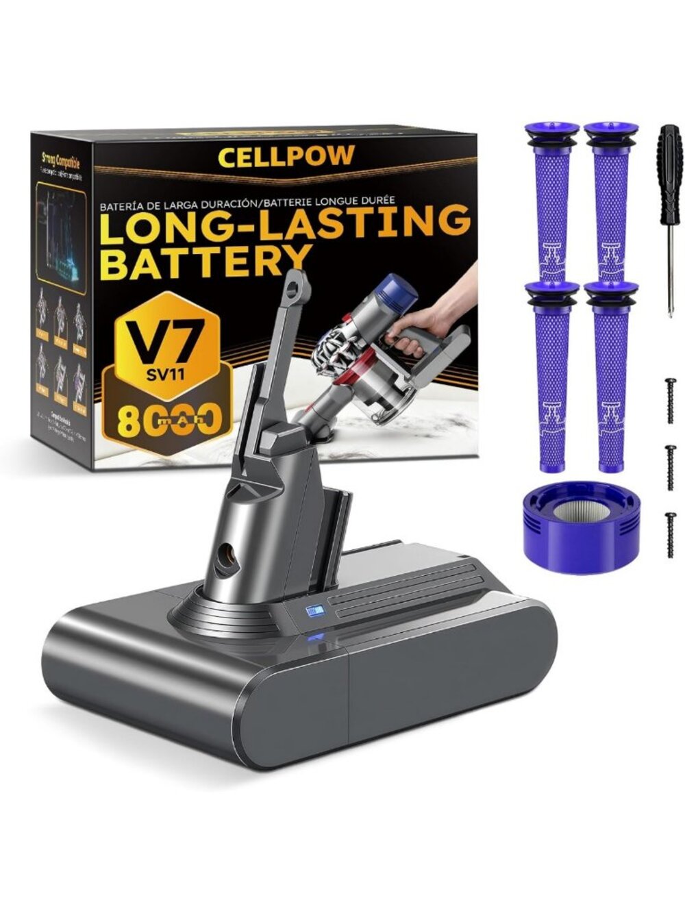 High-Capacity 8000mAh Battery for Dyson V7 Cordless Vacuum + 5 Filters Included